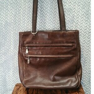 Y2K Nine West Brown Genuine Leather Shoulder Bag Tote Double Front Zip Pocket